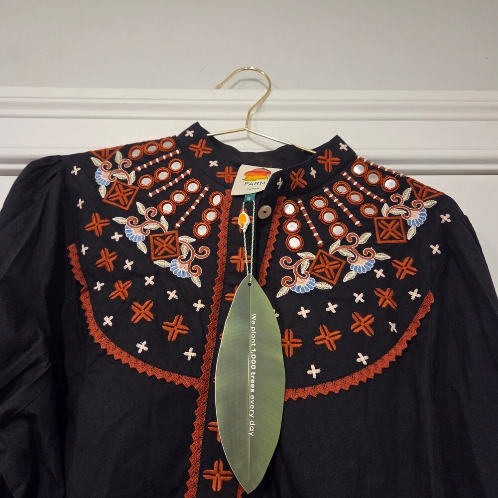 Farm Rio Embroidered cotton button front black blouse size XL - Picture 6 of 12